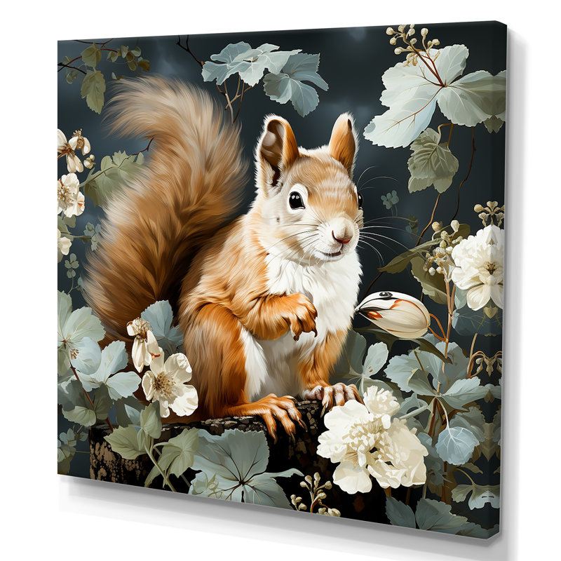 «Brown and Green Forest Squirrel Blooms» - art mural animal écureuil, H 16 po x l 16 po x P 1 po, Toile tendue