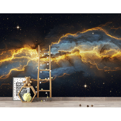 Abstract Cosmic Nebula Wallpaper, Liquid Gold Galaxy Wall mural, Luxury Space Decor, Celestial Peel and stick