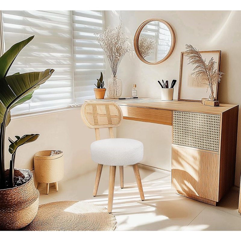  Rattan Vanity Chair, White Boho Boucle Chair, Stylish Upholstered Wood Accent Chair, Small Dining Desk Chair, Cute Makeup Sherpa Chair, Mid Century Modern Living Room Bedroom Chair, 1 Pc