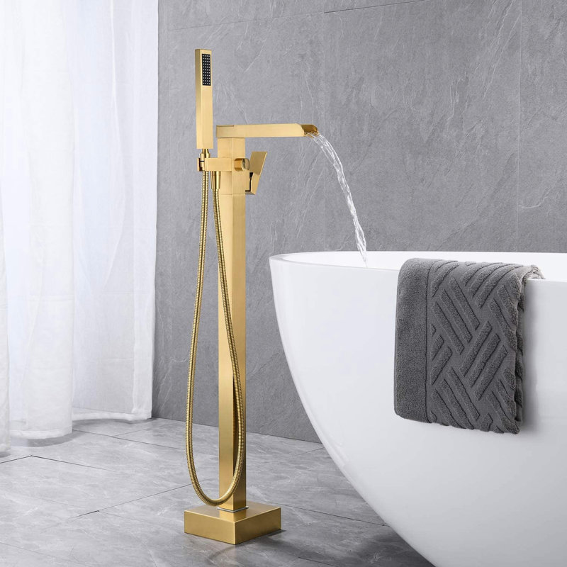 Elegant Bathroom Tub Filler - Floor Mount, Brushed Gold Waterfall Spout With Functional Hand Shower Modern Faucet Handheld & Secure Mounting