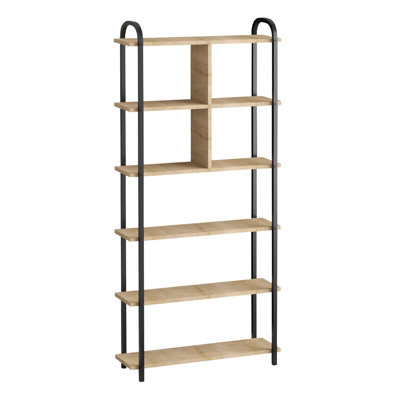 Bibliothèque moderne avec pieds en métal, chêne saphir et noir, 30,7 x 67,0 x 8,7 pouces | 100% panneau de particules enduit de mélamine, épaisseur: 0,7 pouce | Nombreuses tablettes murales au design industriel élégant pour la maison et le bureau