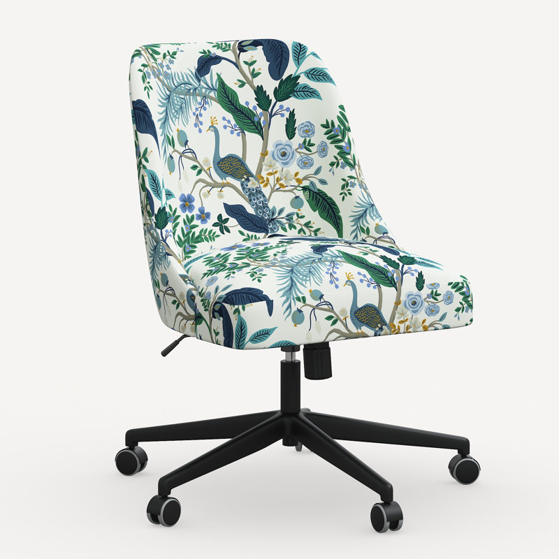 Chaise de bureau Brynn, Bleu paon et lin blanc RPC, Noir