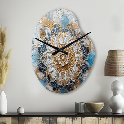 Blue And Gold Mandala I - Pear Shape Unique Boho Mandala Wall Clock