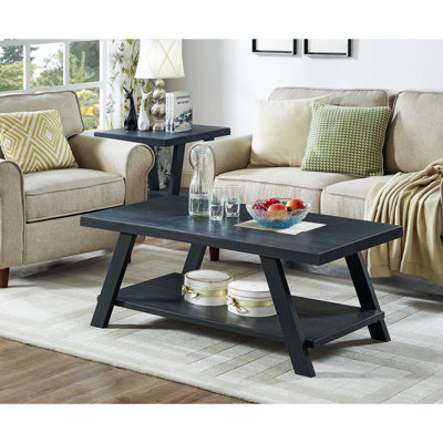 Table basse noire contemporaine avec tablette en bois reproduite et charmants pieds aux angles larges avec rangement supplémentaire