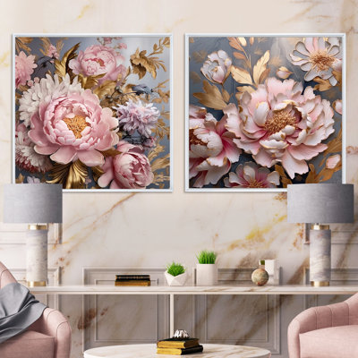 Retro Pink Peonies Golden Leaves - Poppies Square Collage Set Of 2