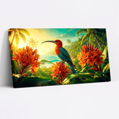 Tropical Bird And Flowers Canvas Wrapped Wall Art Oil Painting Print Set Of 1
