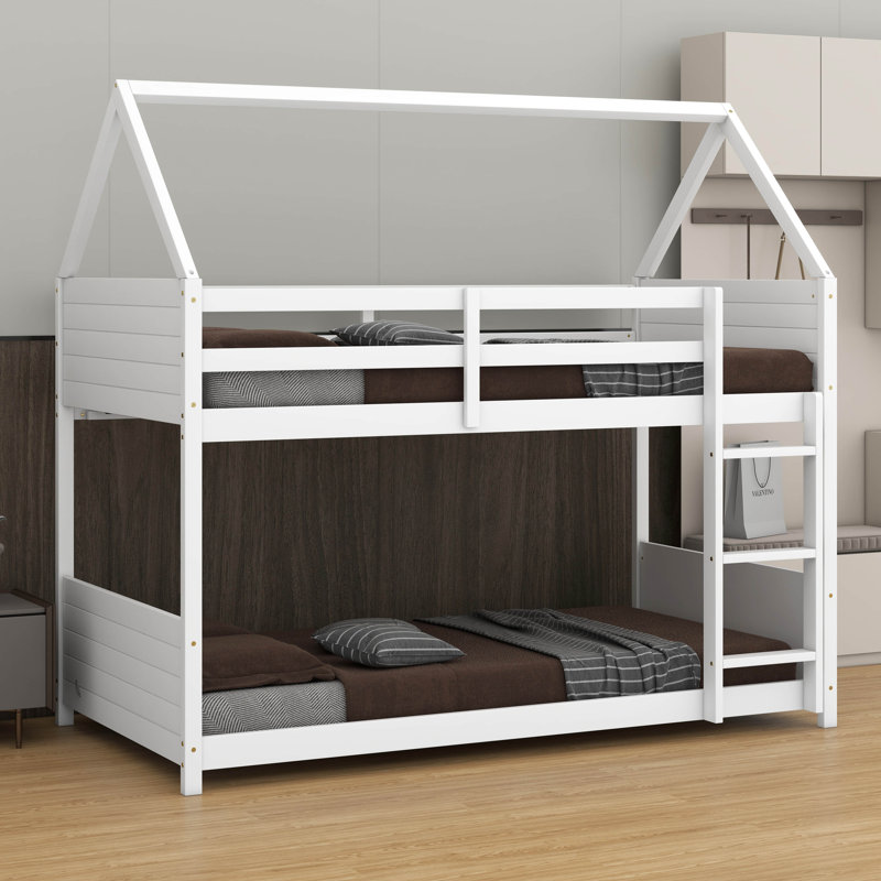 Twin Over Twin Rubber Wood House-Shaped Floor Bunk Bed – Headboards, Footboards, Guardrails & Ladder, White