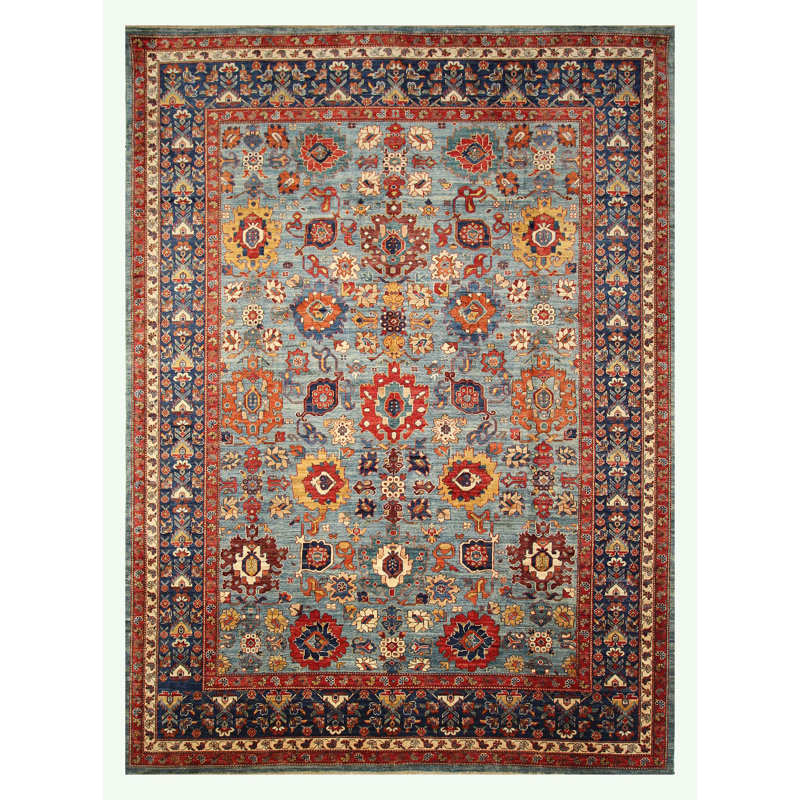 Hand Knotted Wool Oriental Area Rug in Blue/Rust/Light Blue/Yellow