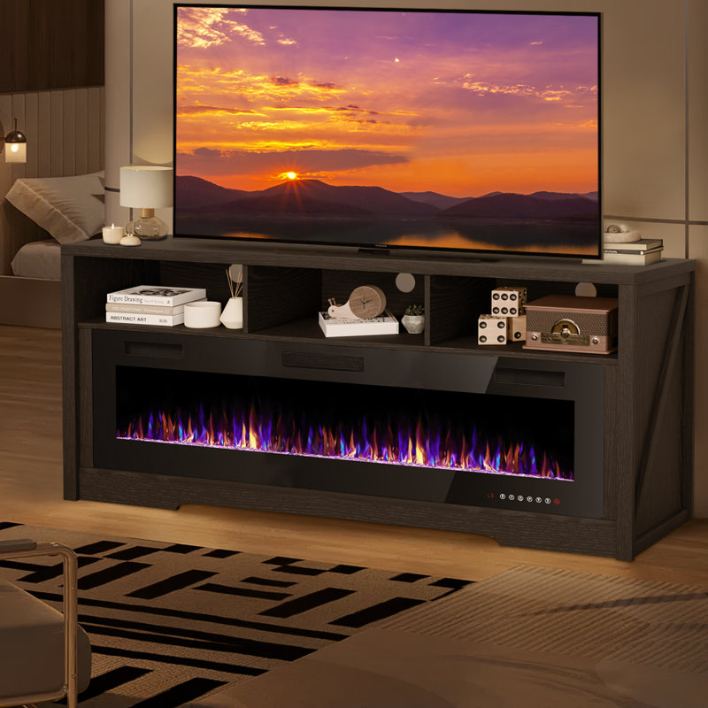 Alazik Storage Credenza with Electric Fireplace Included, Black