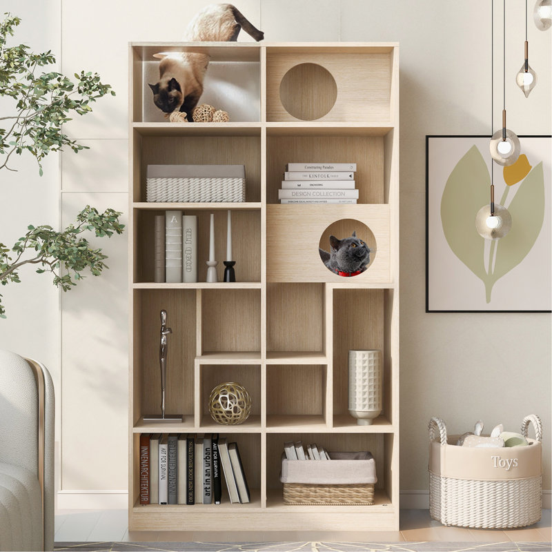 Bibliothèque pour chat moderne 2 en 1, étagère à chat avec rangement, bac à litière pour chat