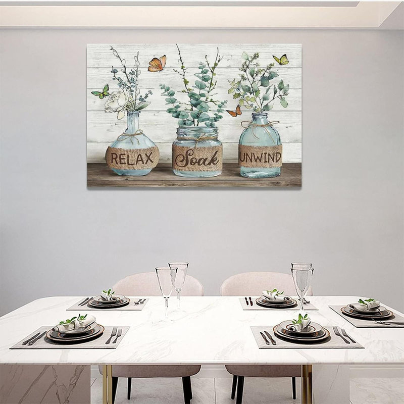 Farmhouse Bathroom Decor Wall Art Rustic Eucalyptus Pictures Canvas Prints Country Relax Soak Unwind Bathroom Sign Green Botanical Butterfly Artwork Modern Home Decor Ready To Hang 16"X24"