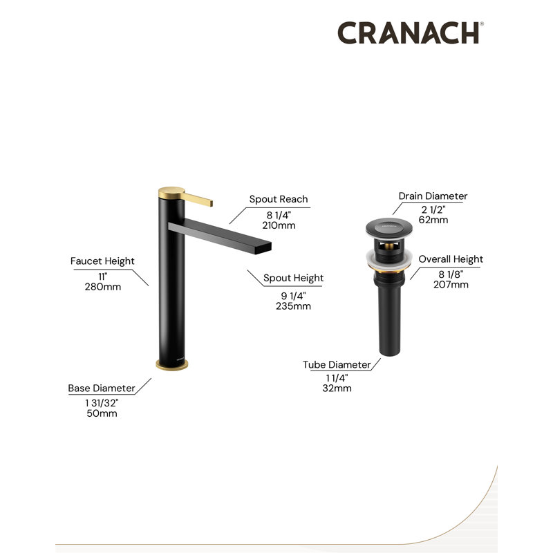 Robinet de lavabo vasque H 12 po avec bonde escamotable Tinian, Noir mat / or brossé