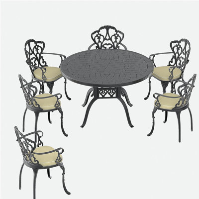 7-Piece Set Of Cast Aluminum Patio Furniture With Black Frame and Off-white Seat Cushions(same as: W1710S00078)