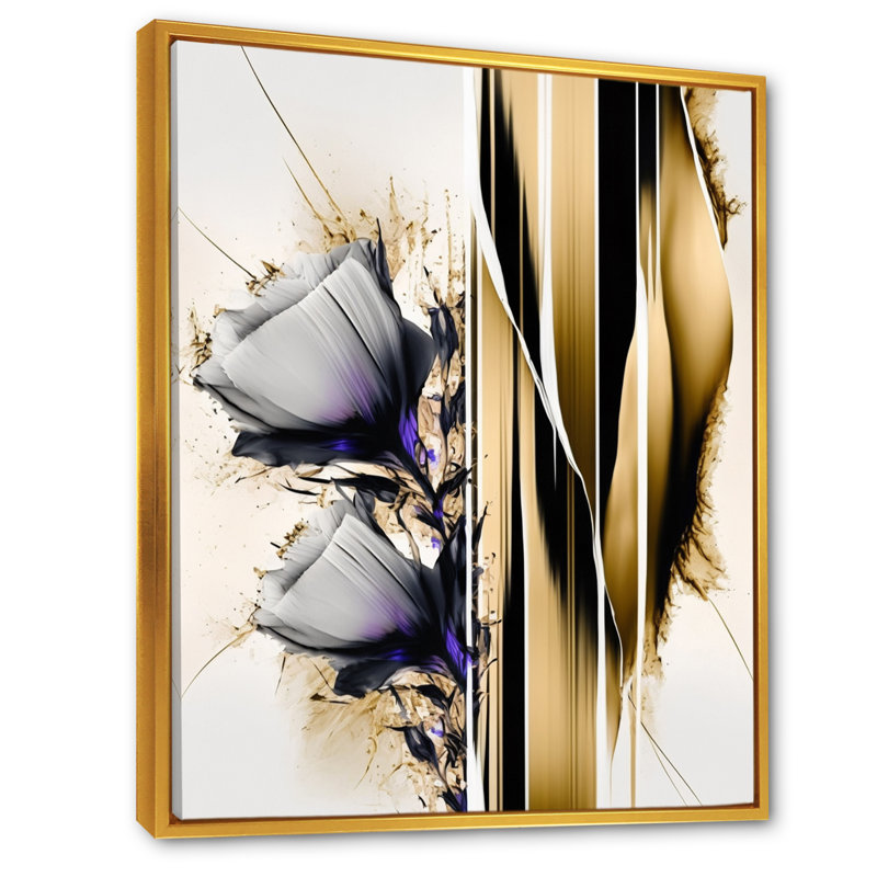 Fleur mauve sur une peinture abstraite I - Peinture sur toile, H 32 po x l 24 po x P 1 po, Toile avec cadre flottant or