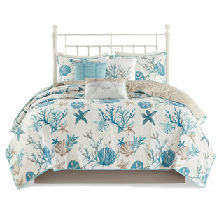 Pebble Beach 6 Piece Quilt - King/ King Cotton Shells, Starfish, Corals Printed Enchantment Decoration