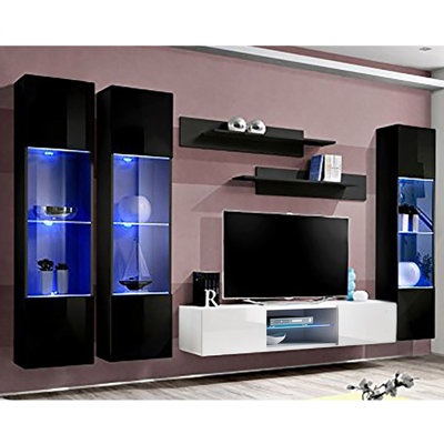 120" Modern Floating Wall Mounted Entertainment Center with 16-Color LED Lighting, High Gloss Finish
