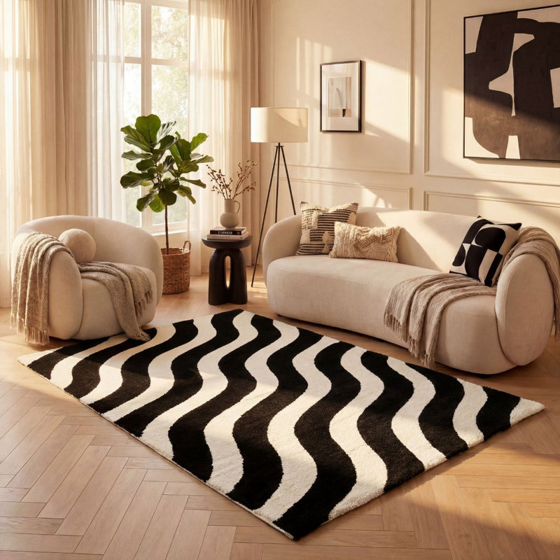 Joli Wavy Area Rug Soft Dense Pile for Living Rooms and Bedrooms, Rectangle 160 x 230 cm, Black/White