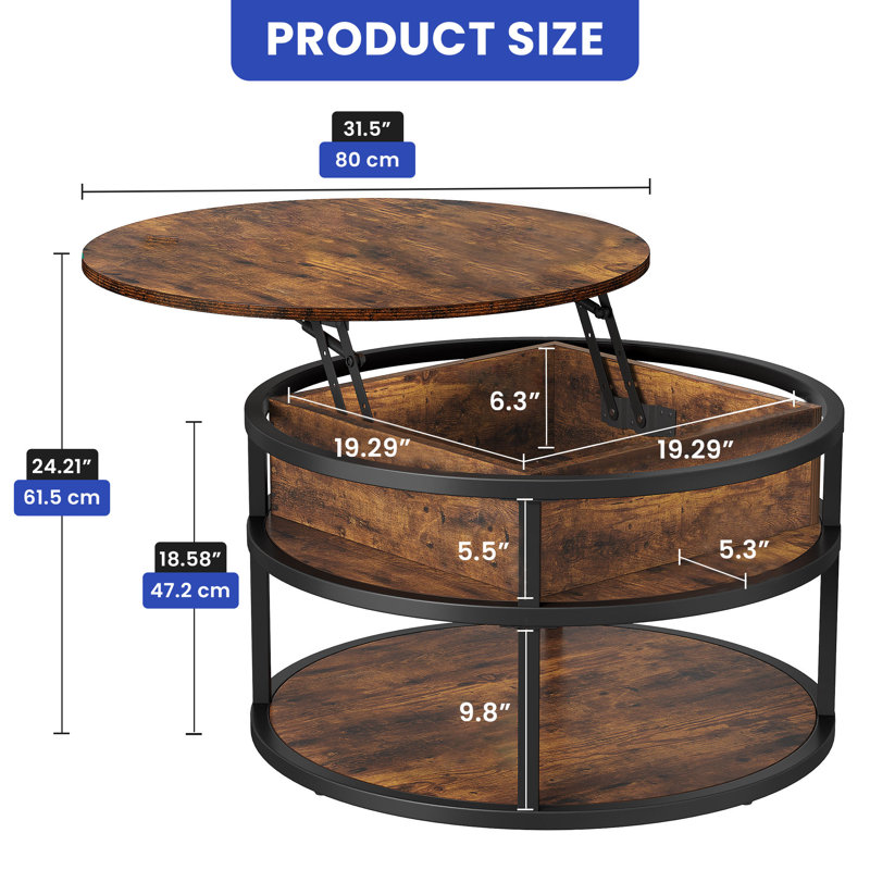 Kayln Lift Top Round Coffee Tables  with Storage for Living Room, Brown