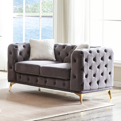 Velours élégant 59,98 pouces avec boutons, 2 coussins, pieds en métal, siège rembourré en mousse pour les espaces de vie, célèbre, motif à boutons, coussins à ressorts, espaces multiples