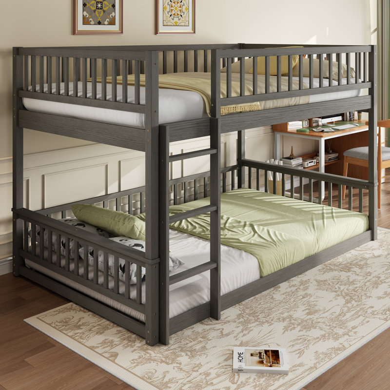 Queen over Queen Bunk Bed with Ladder & Guardrails, Solid Pine Wood Platform, Detachable Twin Beds, Space-Saving, Gray, Gray