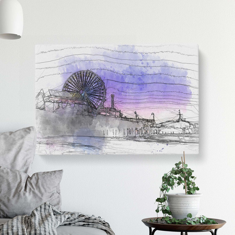 Santa Monica Pier Fairground in Abstract - Wrapped Canvas Drawing - Wrapped Canvas, 35cm H x 50cm W x 3cm D
