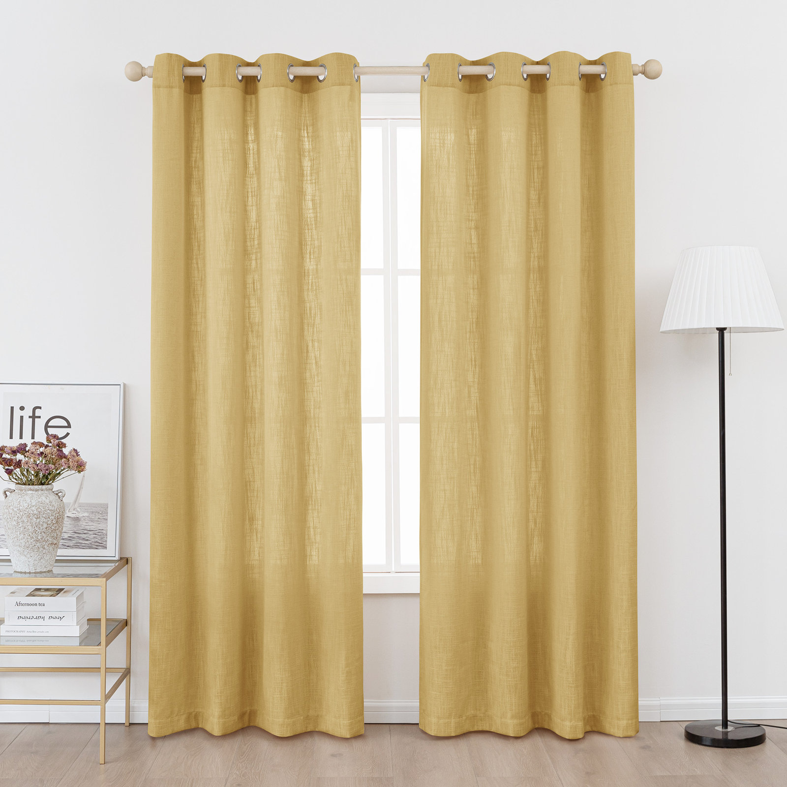 Kambi Semi-Sheer Linen Blend Curtain Set, 52" W x 84" L, Mustard