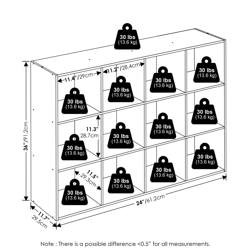 Étagère à livres à 12 compartiments, rangement intégré, 29,7 x 121 x 91,4 cm, pour salon, chambre ou bureau, pin ambré