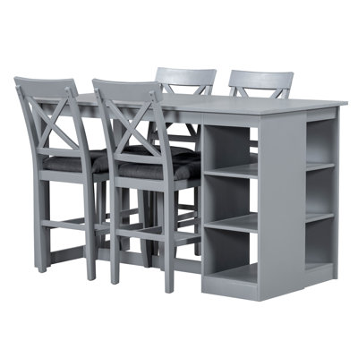 TOPMAX 60"Lx30"W Solid Wood Farmhouse Counter Height Dining Table Set With 3-Tier Storage Shelves, Upholstered Dining Chairs For 4, 5-Piece