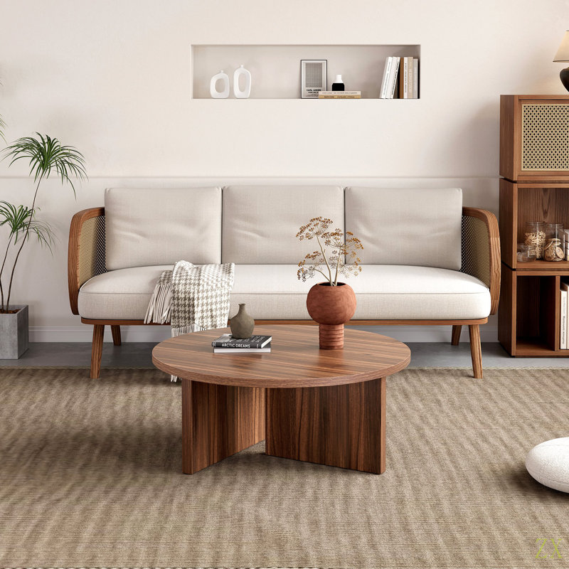 Table basse ronde polyvalente en panneau de fibres à densité moyenne pour divers styles d'intérieur, alliant le minimalisme moderne à l'élégance nordique, avec des dimensions de 31,5 po x 31,5 po x 13,98 po.