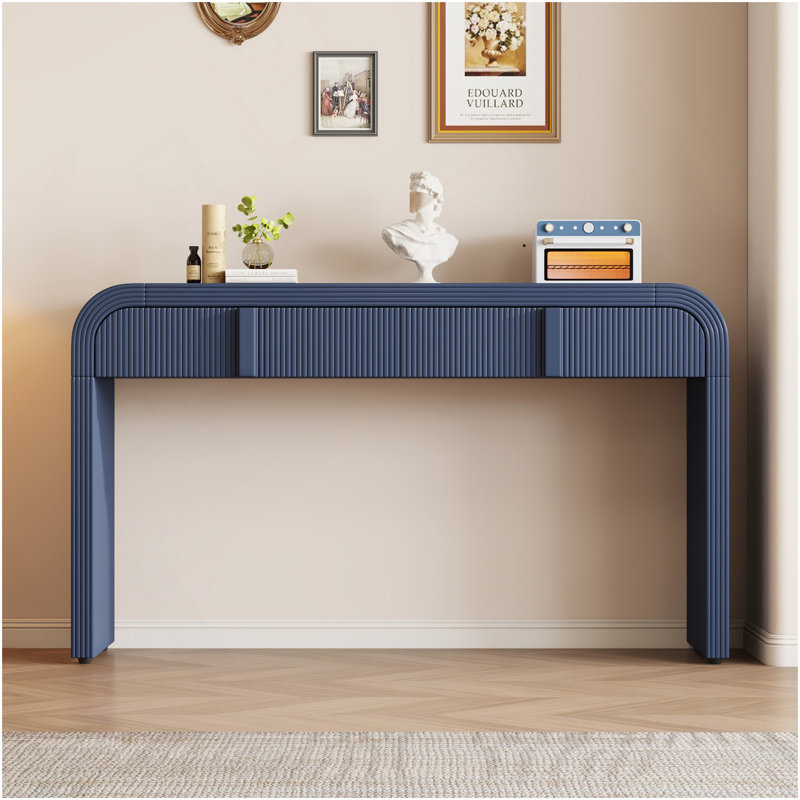Console moderne avec 2 tiroirs de rangement, table d'entrée cannelée à silhouette arrondie pour le couloir du salon et du vestibule (bleu marine)
