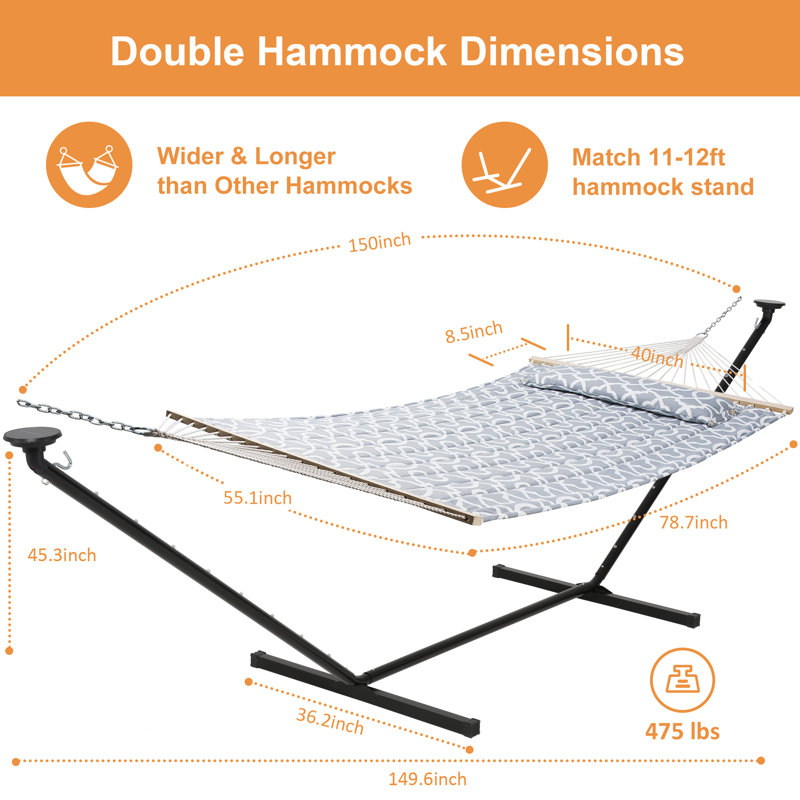 12 pi. Hamac portatif robuste avec support et coussin amovible - Lumières DEL à énergie solaire - Capacité de 475 lb