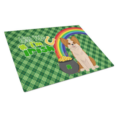 Longhaired Red And White Chihuahua St. Patrick's Day Tempered Glass Cutting Board – Decorative Large Size Chopping Board For Serving