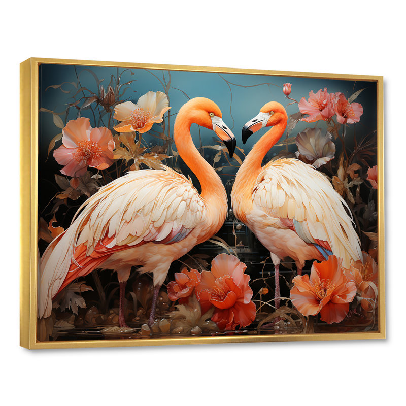 «Graceful Orange Flamingo Ballet» sur toile, Cadre flottant doré, H 24 po x l 32 po x P 1,5 po