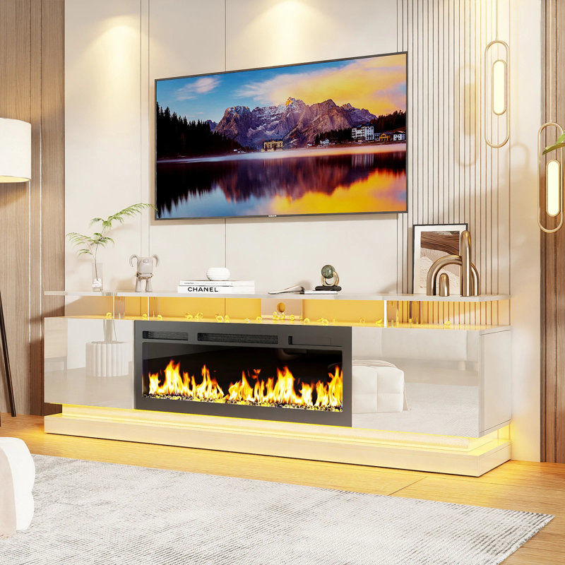 Fireplace TV Stand With LED Lights, Modern Entertainment Center For 80" -100" TV, 70" Wood Media TV Console Storage, White