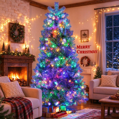 7.4FT Pre-Lit Silver Tinsel Artificial Christmas Tree, Hinged Branches with Metal Stand, 1200 Branch Tips, 400 LED Lights, 11 Lighting Modes, Indoor Outdoor Holiday Xmas Decor Tree