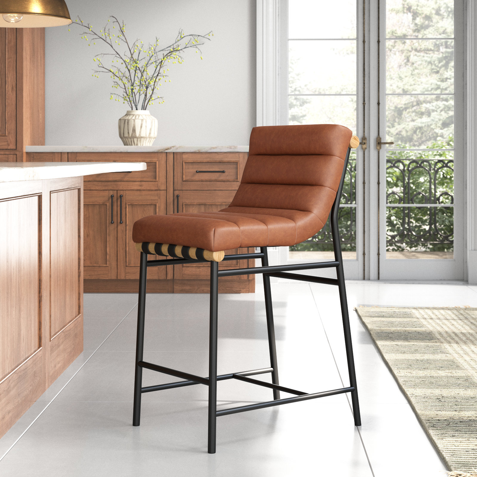 Vincentas Bar and Counter Stool, Cognac Faux Leather, Counter Stool (26.4" Seat Height)