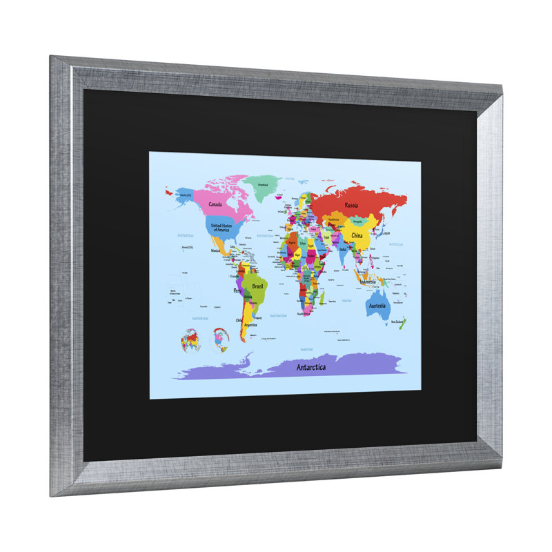 « childrens world map », art encadré, H 16 po x l 20 po x P 0,5 po, Argent