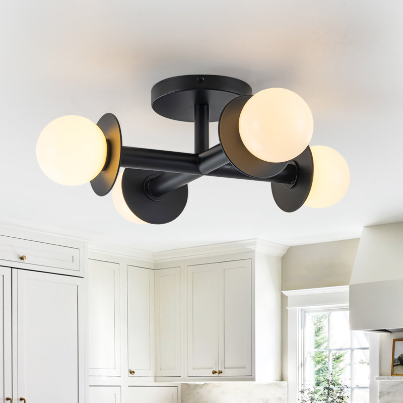 Modern 4-Light Semi Flush Mount Ceiling Light Matte Black Sputnik Chandelier With Pearl White Glass Globe Shades For Kitchen Dining Room Hallway UL Listed