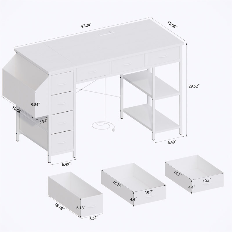 47" Computer Desk With Power Outlet,Writing Desk,Home Office Desk,Vanity Table With 7 Fabric Drawers, Large Side Pocket