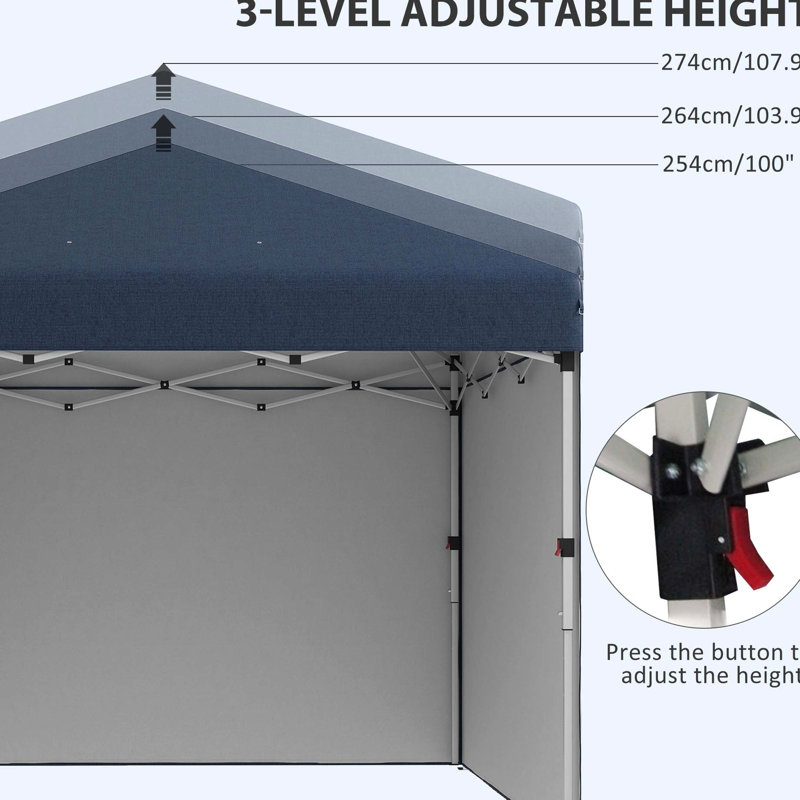 Auvent escamotable 10 pi x 10 pi 3 parois latérales à hauteur réglable. UV30 +. Sacs de transport et de poids inclus. Fonction d'événement de patio bleu marine. Protégé fourni. Tente