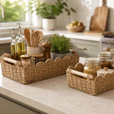 Ensemble de 2 paniers de rangement en corde de papier avec poignées en bois, paniers de rangement tissés festonnés pour papier hygiénique, décoration de salle de bain et de rangement, beige