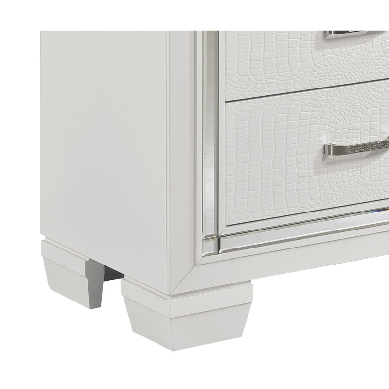 Table de chevet glamour blanche, faux alligator, 2 tiroirs et table de chevet blanche coulissante fluide, avec fonction d'éclairage des surfaces
