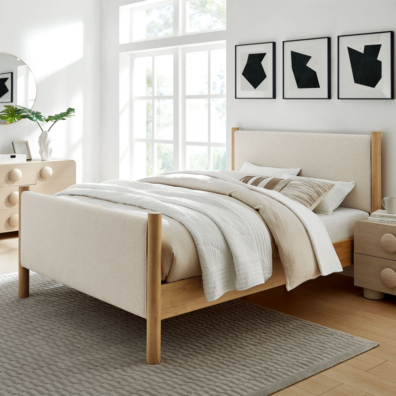 Lit plateforme tapissier Maven Boucle, Bois massif et bois manufacturé, Chêne peint ivoire, Complète