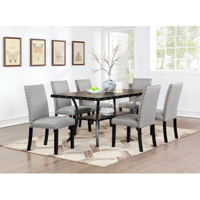 Modern Classic Dining Room Furniture Natural Wooden Rectangle Top Dining Table 6X Side Chairs Nail Heads Trim And Storage Shelve 7Pc Dining Set -  BOMO, JJ-MX-24032276