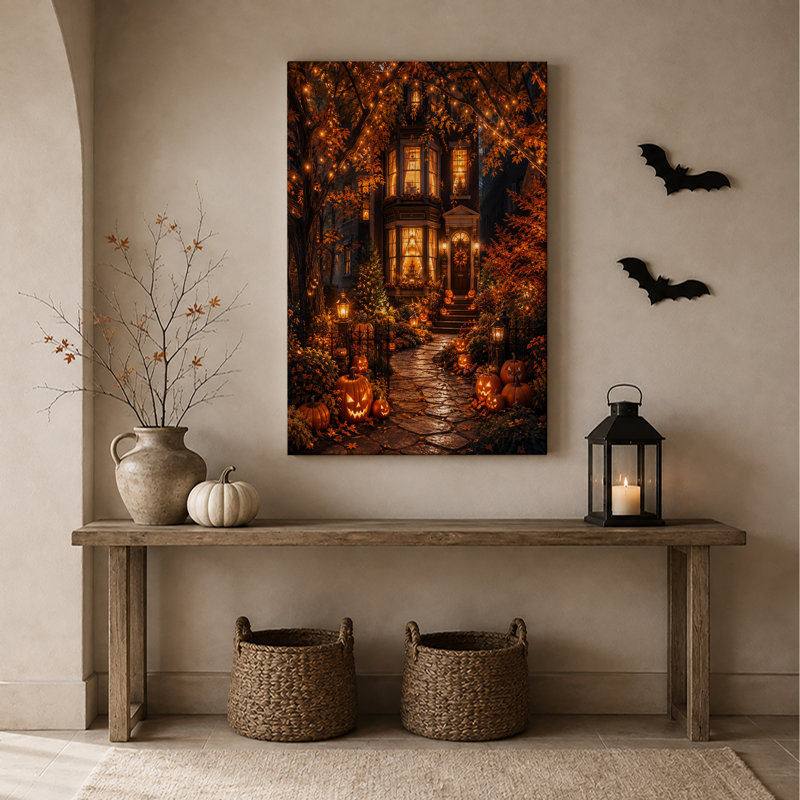 «Lit House with Glowing Jack O Lanterns And String Halloween», art mural, H 36 po x l 24 po