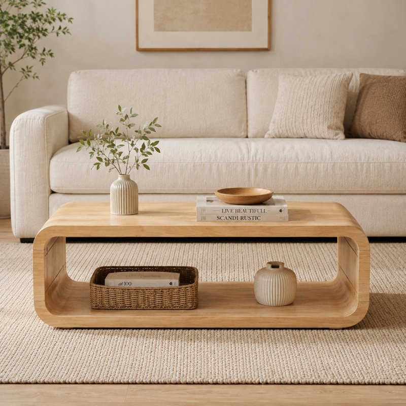 Rounded Rectangular Solid Wood Coffee Table with Lower Open Shelf, Modern Low-Profile Center Table with Curved Waterfall Frame, Light Natural Wood