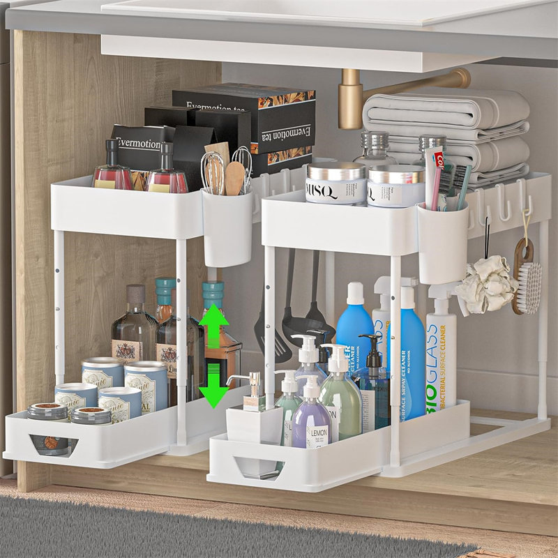 White Adjustable Height 2-Tier Under Sink Organizer with Slide-Out Drawers