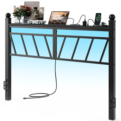  Metal Full Size Headboard With Storage, 60,000 Diy Color Of Led Lights, Head Board With Charging Station, Modern Freestanding Headboard Only, Easy Assembly, Black