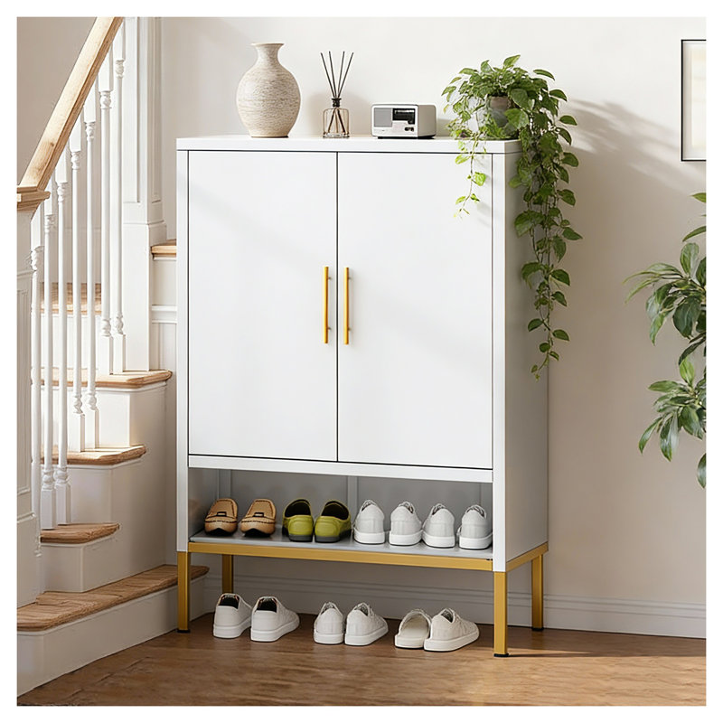 40" Tall Modern White Metal Shoe Cabinet with Adjustable Shelves & Open Bottom Rack - Narrow Entryway Storage Organizer