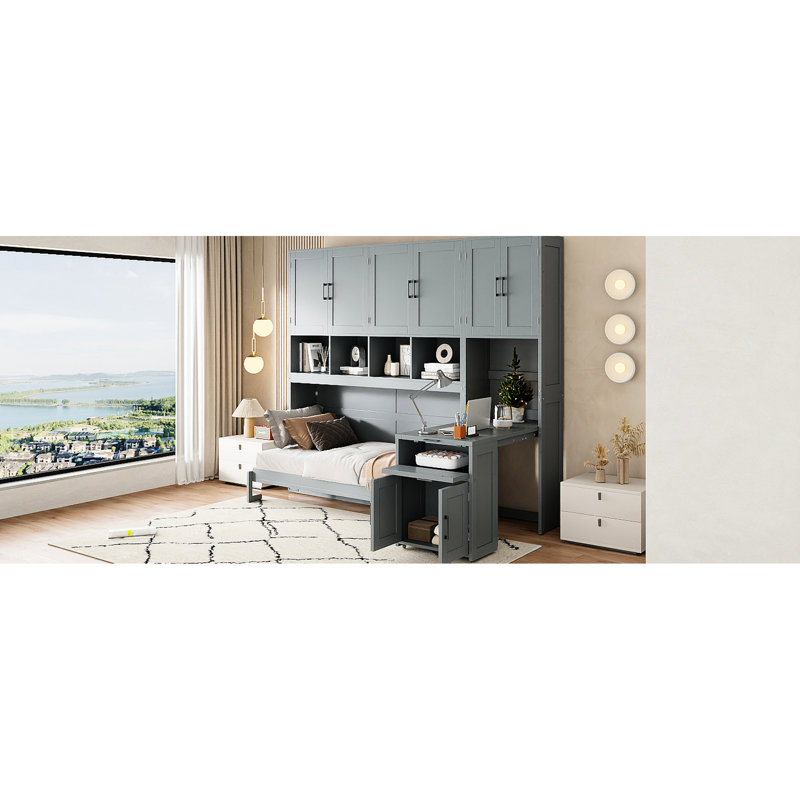 Lit simple mural gris avec placard, tiroirs et bureau - fonctionnel et élégant pour les petits espaces